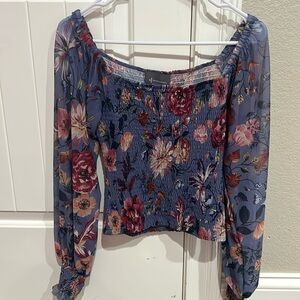 Anthropologie Floral Long Sleeve Smocked Blouse XS Petitie